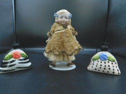 6 INCH UNMARKED BISQUE REPRO BLONDE DOLL, BLUE BOWS, VOGUE LABEL DRESS